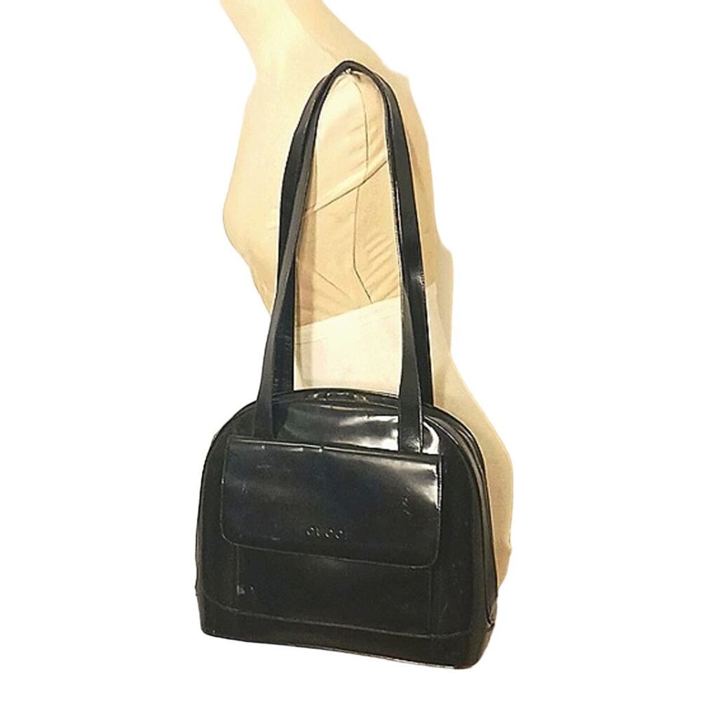 Gucci LARGE SIZE Patent Leather BLACK Shoulder Bag 12"x10" Double Straps Bamboo